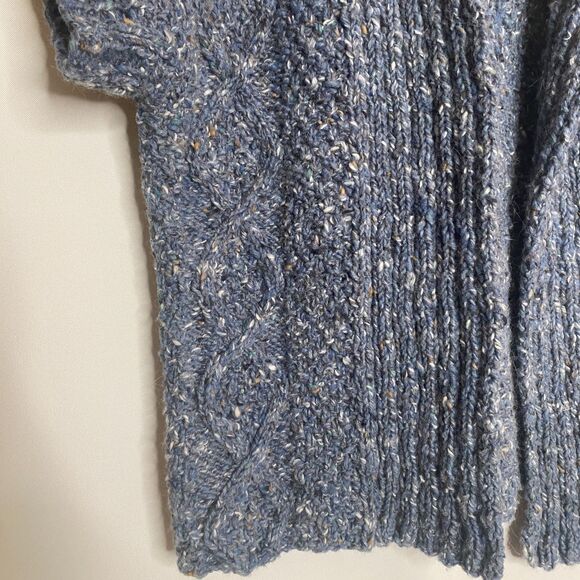 Handmade Cable Knit Shawl Collar Blue Speckled Yarn Cardigan Ribbed Sleeve Small - Picture 7 of 10